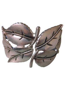 Boho Fairy Leaf Motif Bangle Cuff Bracelet Wide Timeless Patina Silver Tone